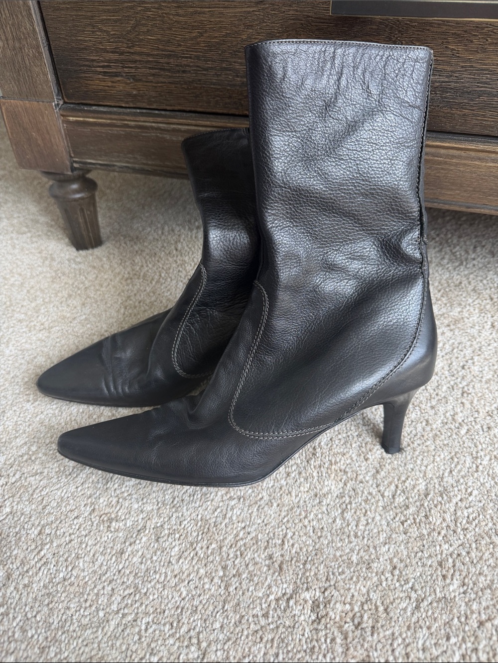 J. Crew Black Pointed Toe Mid-Calf Leather Heeled Boots
